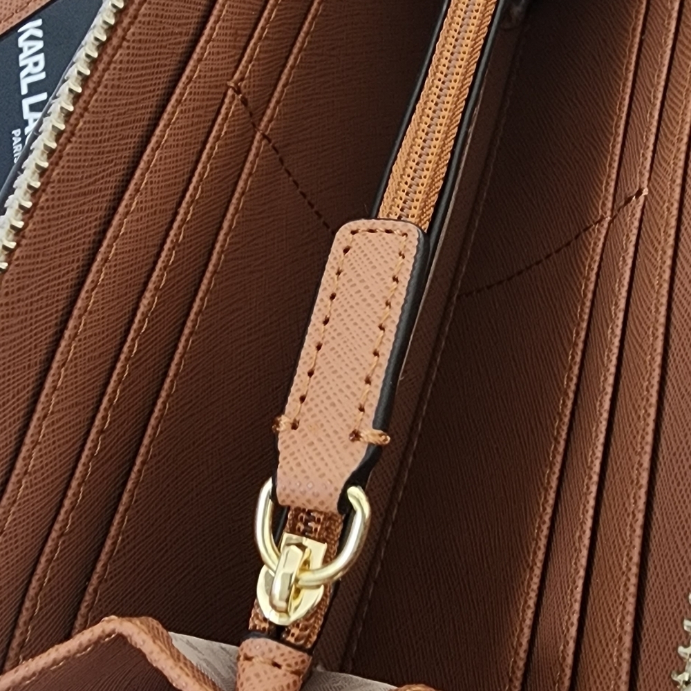 Karl Lagerfeld Monogram Brown Leather Wristlet Taupe Women's Crossbody - Picture 9 of 13